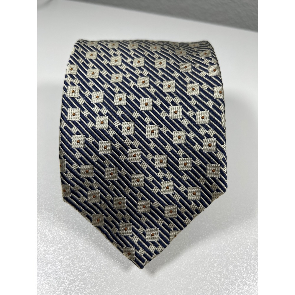 Olmo Mens Silk Tie Navy Blue Silver Geometric Squares Dots Hand Made Italy
